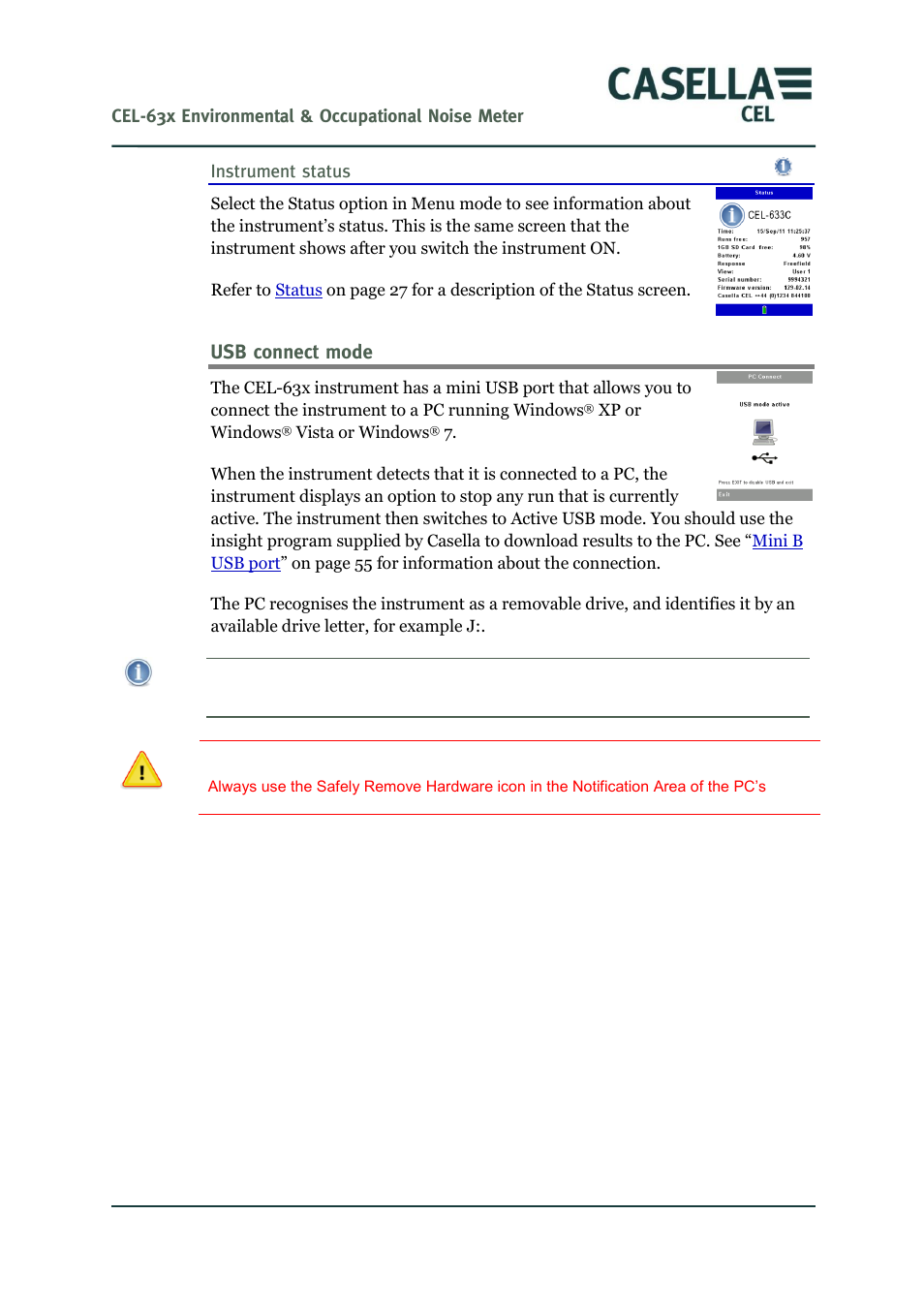 Usb connect mode, Instrument status | Casella CEL CEL-63X User Manual | Page 47 / 87