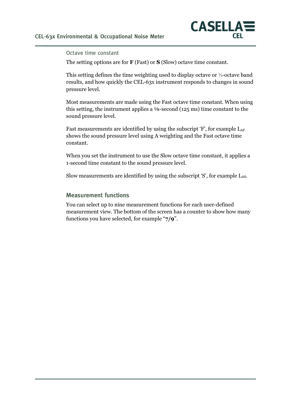 Measurement functions, Octave time constant | Casella CEL CEL-63X User Manual | Page 50 / 87