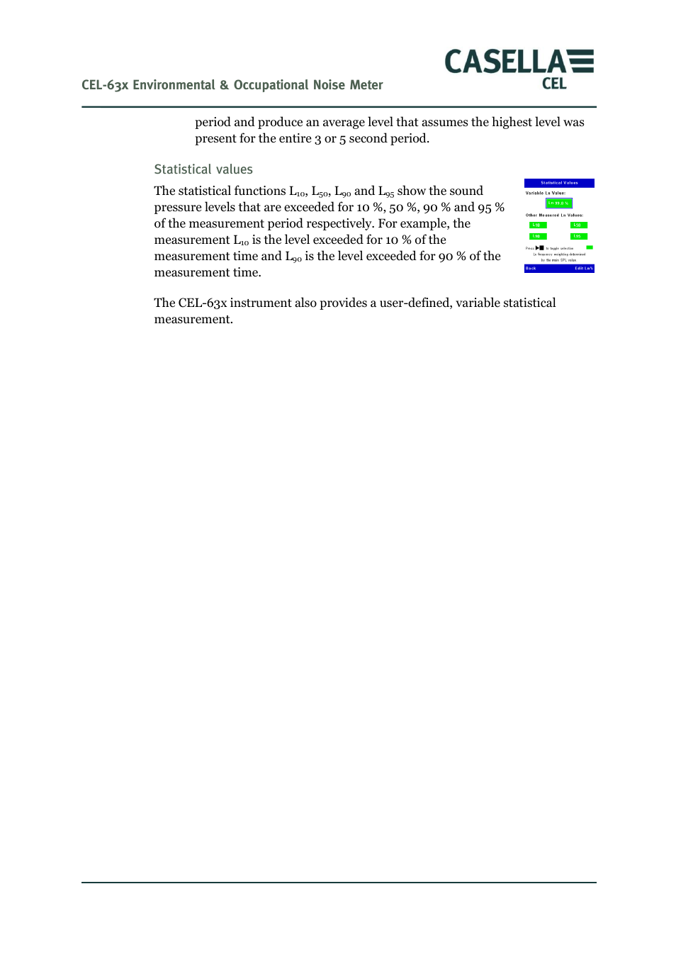 Statistical values, Ge 54, Fourth screen | Cel-63x environmental & occupational noise meter | Casella CEL CEL-63X User Manual | Page 54 / 87