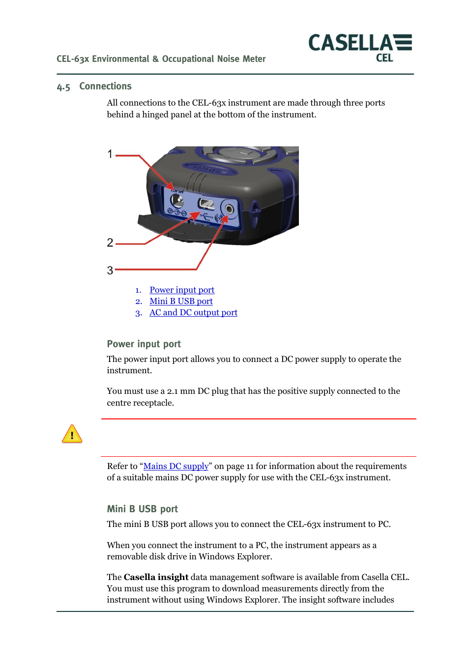 Connections, Power input port, Mini b usb port | Mini b, Usb port, Ge 55, Er to | Casella CEL CEL-63X User Manual | Page 55 / 87