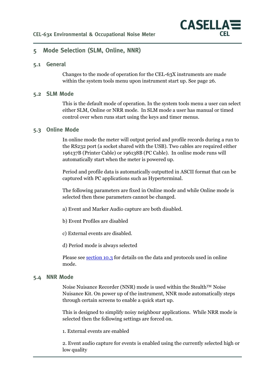 Mode selection (slm, online, nnr), General, Slm mode | Online mode, Nnr mode, Er to, E 57, 5 mode selection (slm, online, nnr) | Casella CEL CEL-63X User Manual | Page 57 / 87