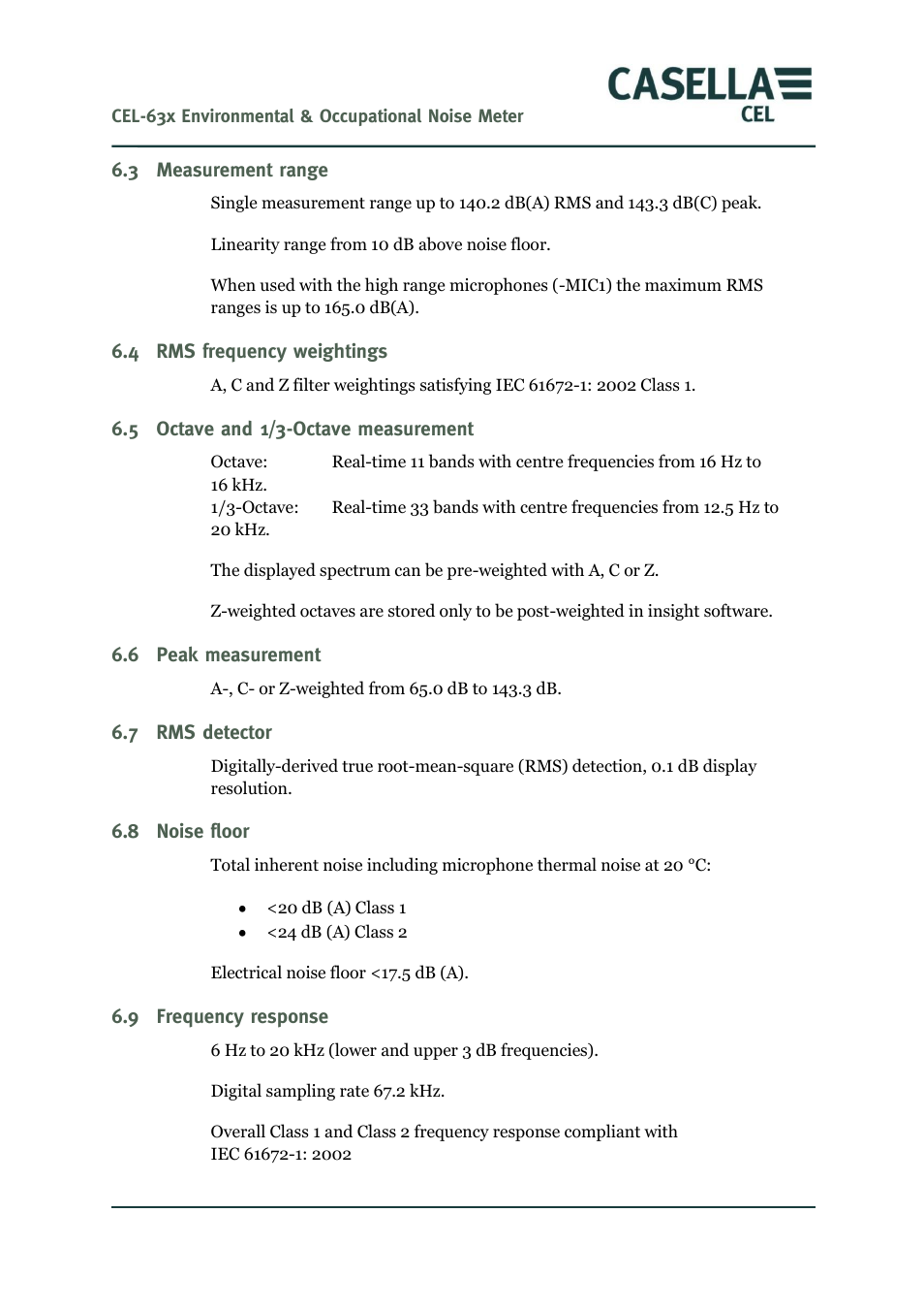 Measurement range, Rms frequency weightings, Octave and 1/3-octave measurement | Peak measurement, Rms detector, Noise floor, Frequency response | Casella CEL CEL-63X User Manual | Page 60 / 87