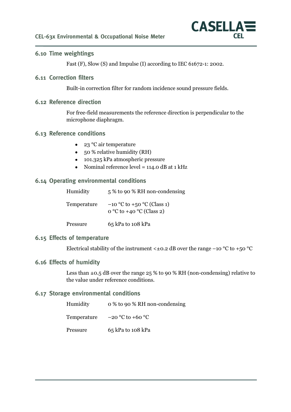 10 time weightings, Correction filters, 12 reference direction | 13 reference conditions, 14 operating environmental conditions, 15 effects of temperature, 16 effects of humidity, 17 storage environmental conditions | Casella CEL CEL-63X User Manual | Page 61 / 87