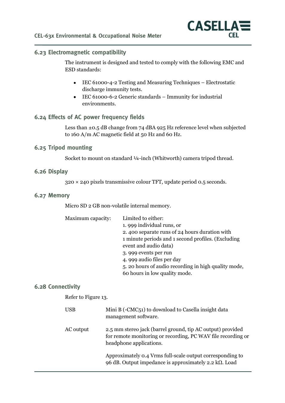 23 electromagnetic compatibility, 24 effects of ac power frequency fields, 25 tripod mounting | 26 display, 27 memory, 28 connectivity | Casella CEL CEL-63X User Manual | Page 63 / 87