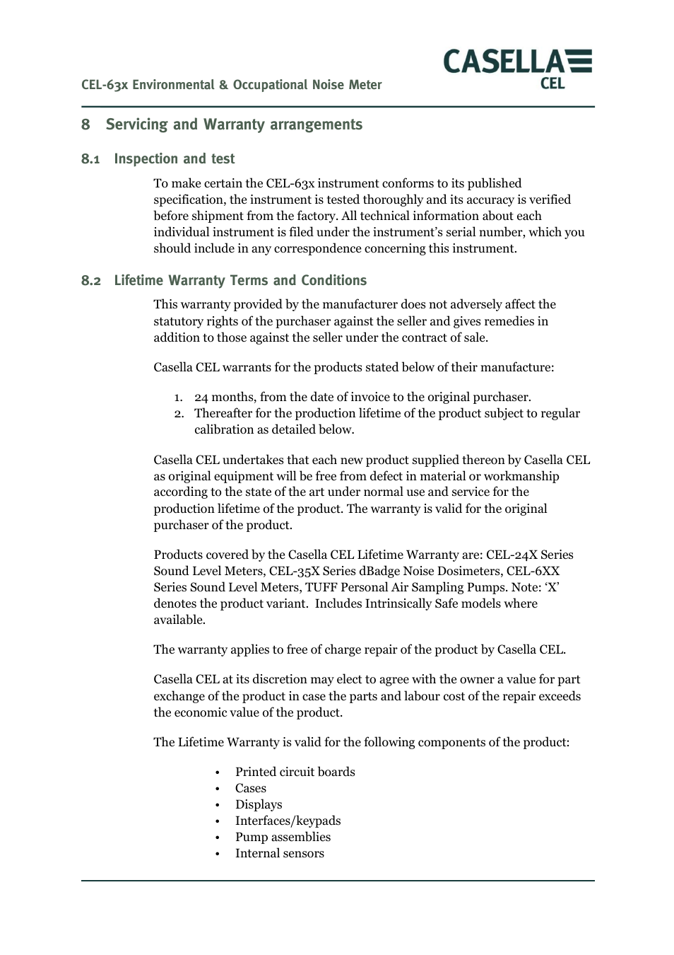 Servicing and warranty arrangements, Inspection and test, Lifetime warranty terms and conditions | Servicing, And warranty arrangements, 8 servicing and warranty arrangements | Casella CEL CEL-63X User Manual | Page 69 / 87