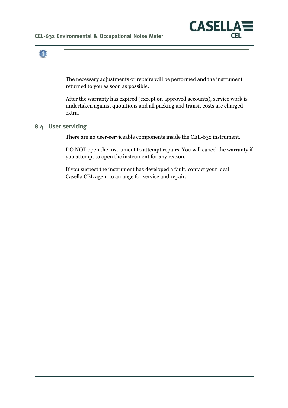 User servicing, 4 user servicing | Casella CEL CEL-63X User Manual | Page 71 / 87