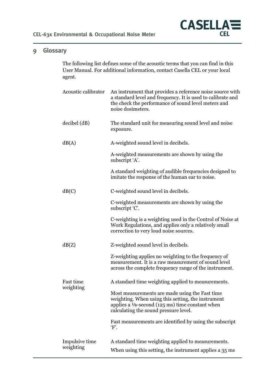 Glossary, 9 glossary | Casella CEL CEL-63X User Manual | Page 72 / 87