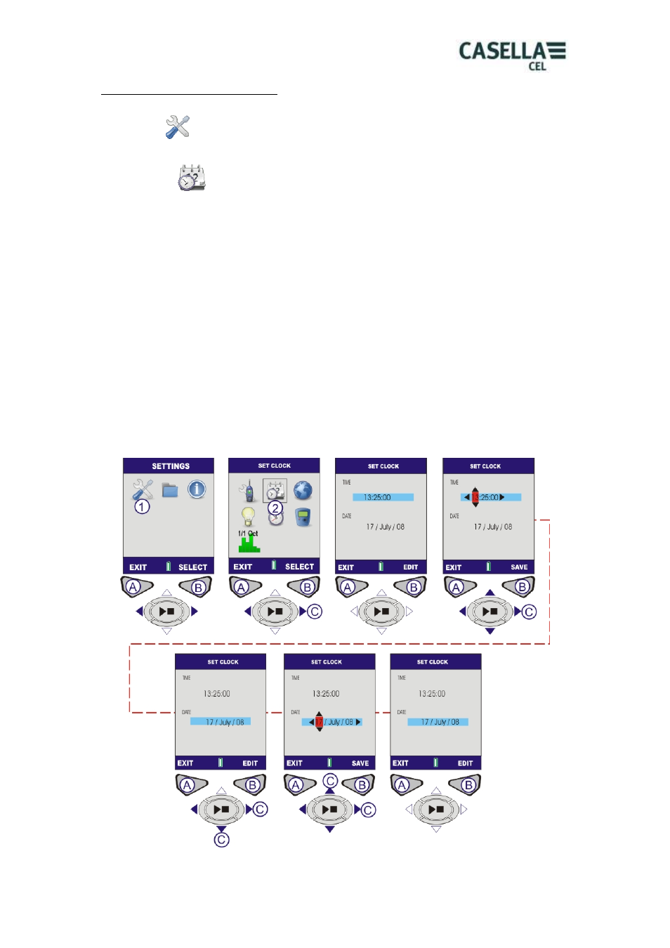 Set clock, Date & time screens | Casella CEL CEL-62X User Manual | Page 11 / 37