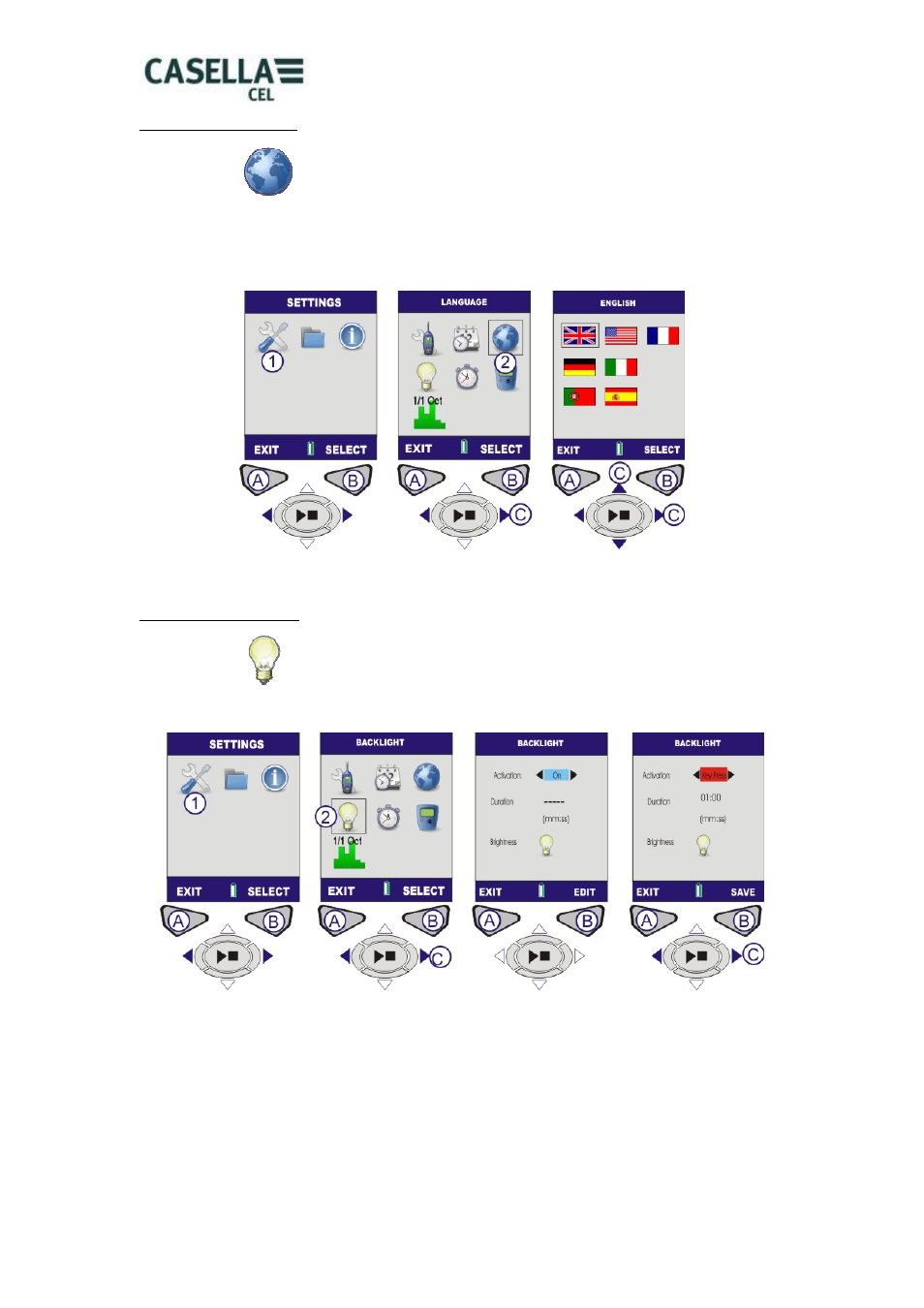 Set language, Set backlight | Casella CEL CEL-62X User Manual | Page 12 / 37
