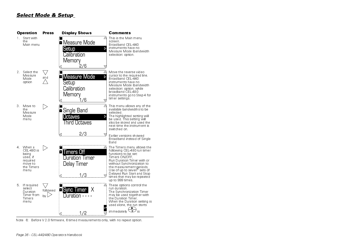 Measure mode setup, Third octaves, Single band octaves | Duration timer delay timer timers off, Sync timer x sync timer duration | Casella CEL CEL-440 User Manual | Page 26 / 70