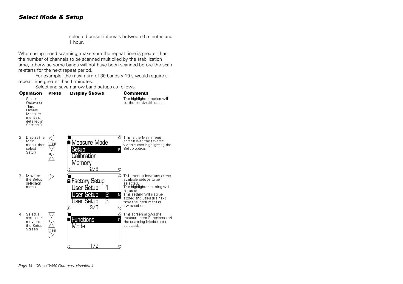 Measure mode setup, User setup 3, Factory setup user setup 1 user setup 2 | Mode functions | Casella CEL CEL-440 User Manual | Page 34 / 70