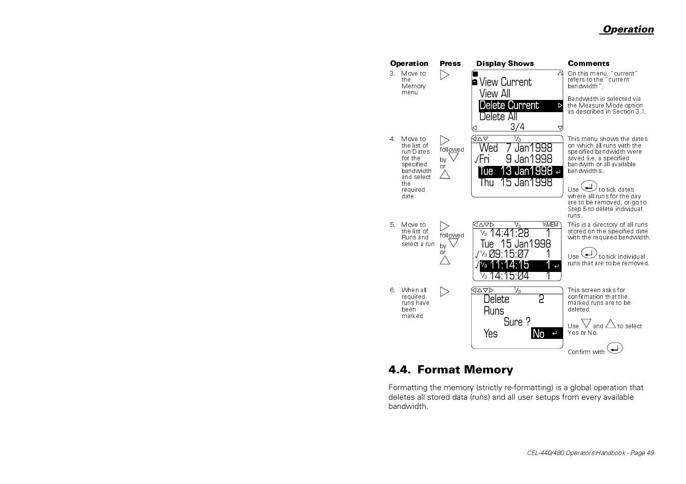 Delete current delete all view current view all, 2delete runs sure ? yes no | Casella CEL CEL-440 User Manual | Page 49 / 70