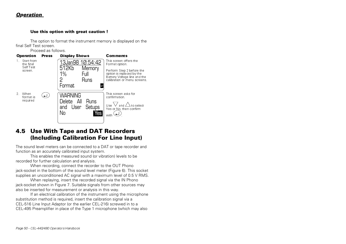 Delete all runs warning and user setups no yes | Casella CEL CEL-440 User Manual | Page 50 / 70