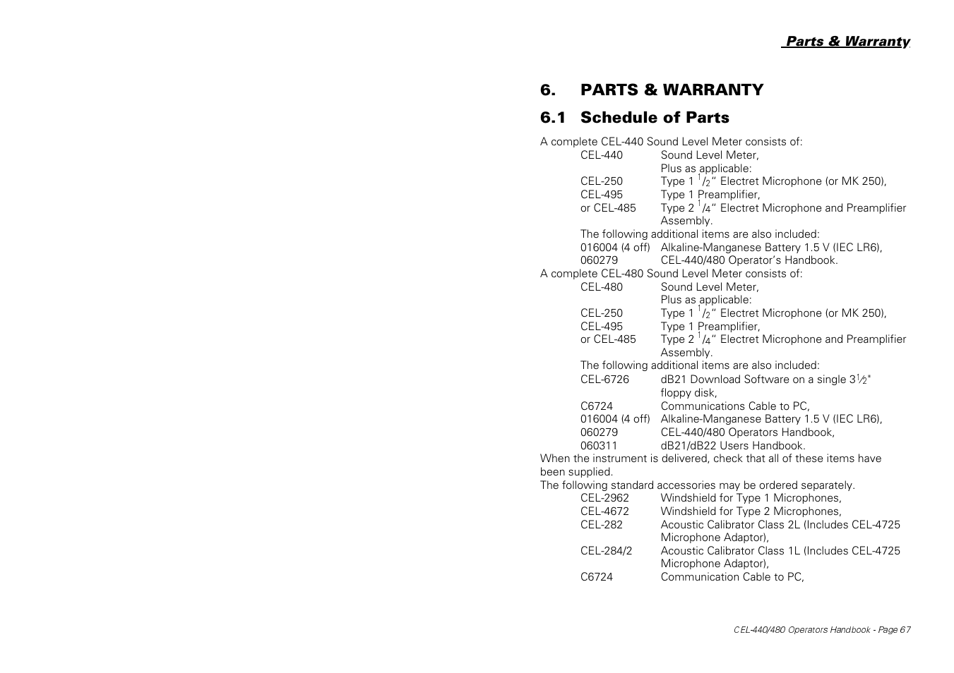 Parts & warranty 6.1 schedule of parts | Casella CEL CEL-440 User Manual | Page 67 / 70