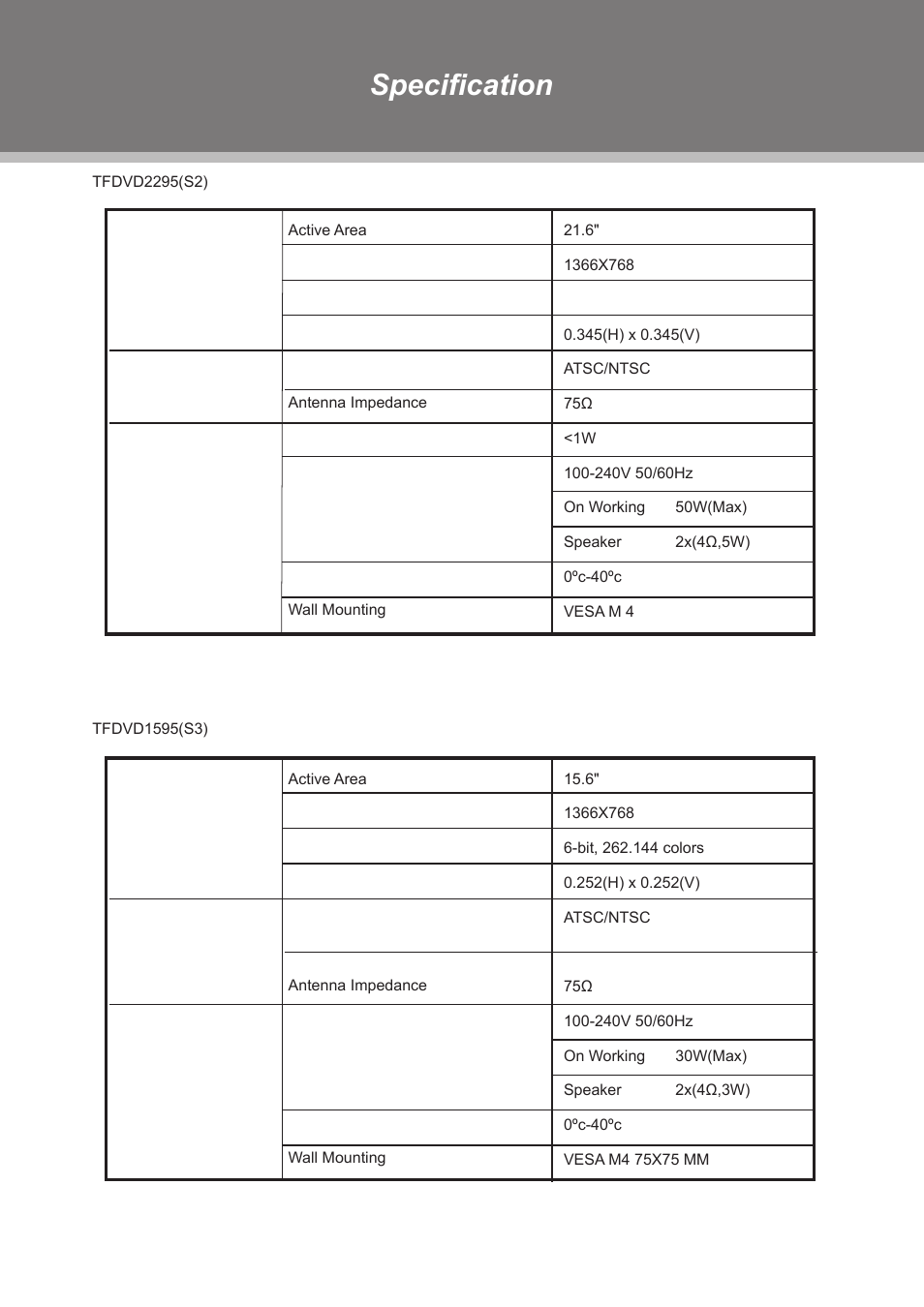 Specification | COBY electronic TFDVD2295S2 User Manual | Page 30 / 31