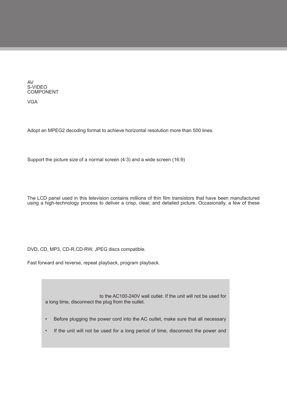 Main features | COBY electronic TFDVD2295S2 User Manual | Page 6 / 31