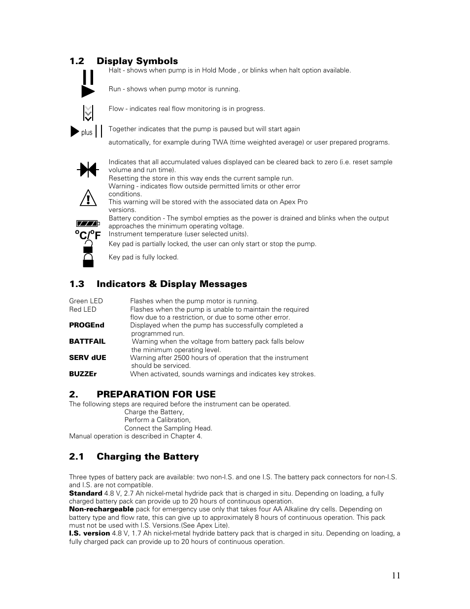 11 1.2 display symbols, 3 indicators & display messages, Preparation for use | 1 charging the battery | Casella CEL Apex personal sampling pumps User Manual | Page 11 / 40