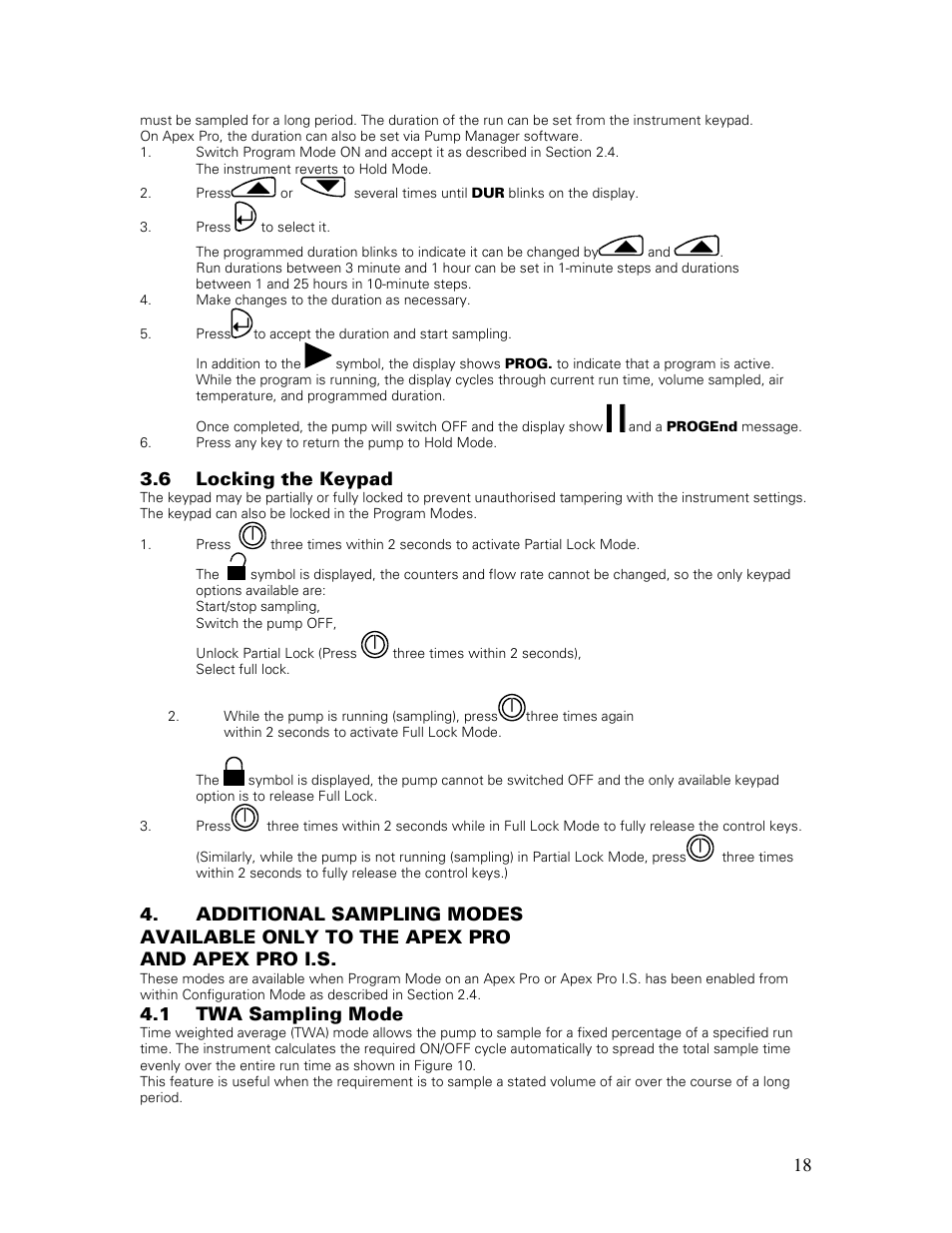 6 locking the keypad, 1 twa sampling mode | Casella CEL Apex personal sampling pumps User Manual | Page 18 / 40