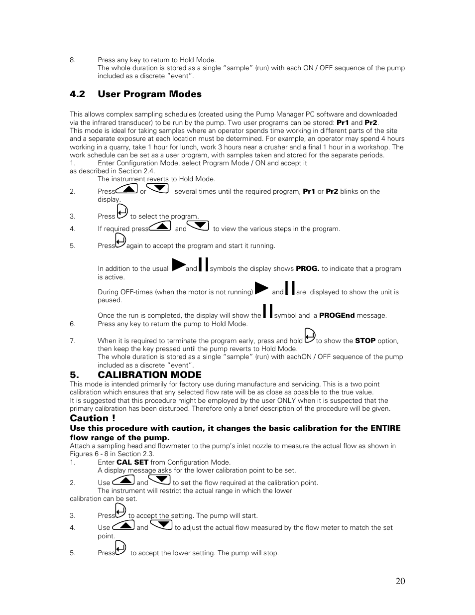 2 user program modes, Calibration mode, Caution | Casella CEL Apex personal sampling pumps User Manual | Page 20 / 40