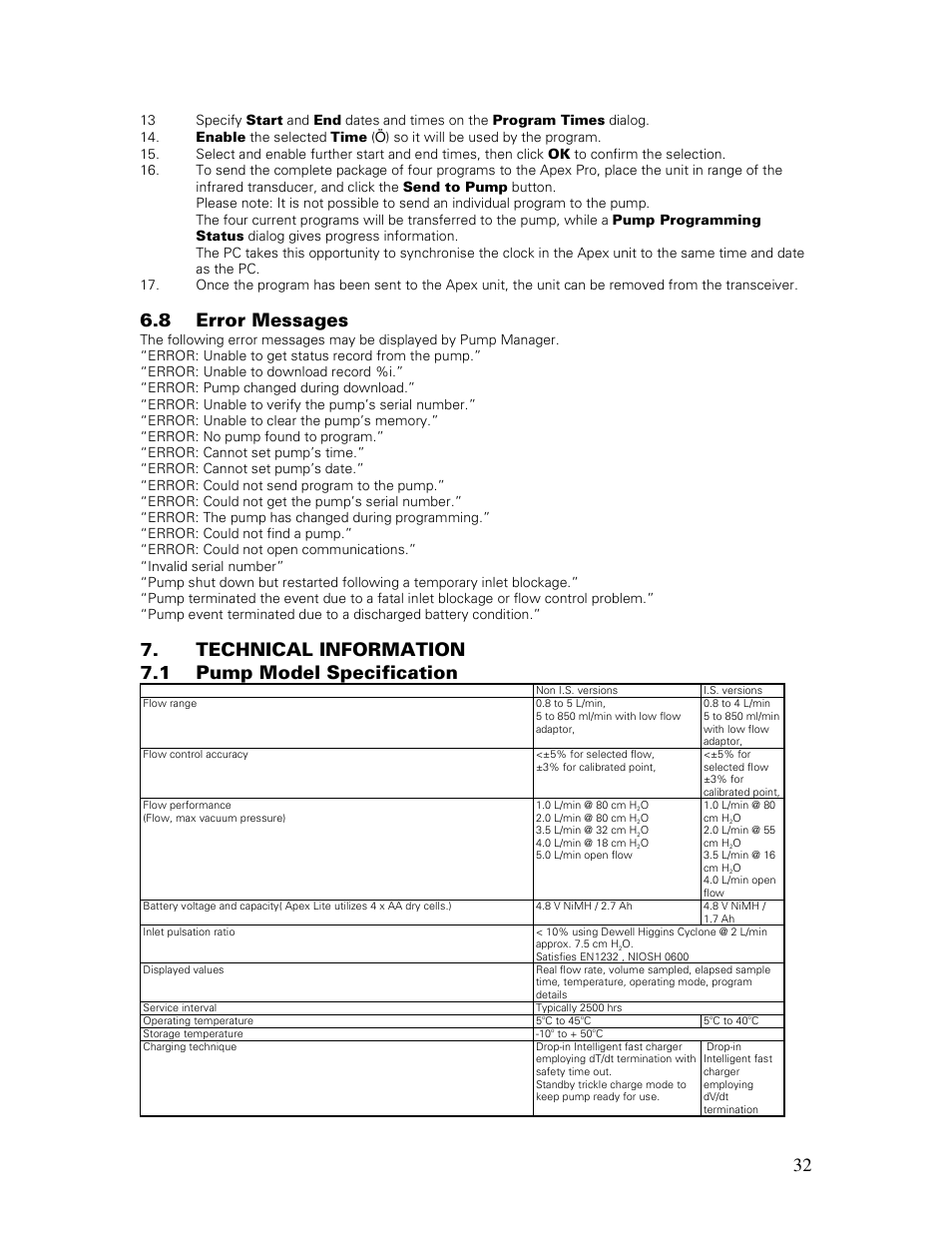 8 error messages, Technical information 7.1 pump model specification | Casella CEL Apex personal sampling pumps User Manual | Page 32 / 40