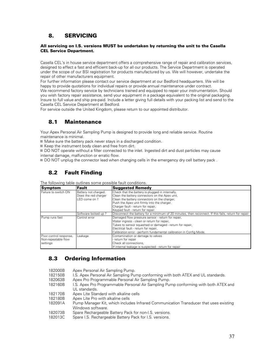 37 8. servicing, 1 maintenance, 2 fault finding | 3 ordering information | Casella CEL Apex personal sampling pumps User Manual | Page 37 / 40