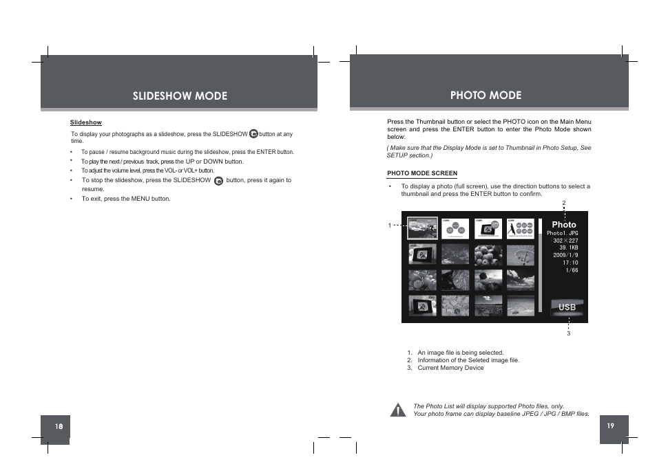 Photo mode, Slideshow mode, Change view clock menu rotate copy /del | COBY electronic DP854 AC User Manual | Page 10 / 25