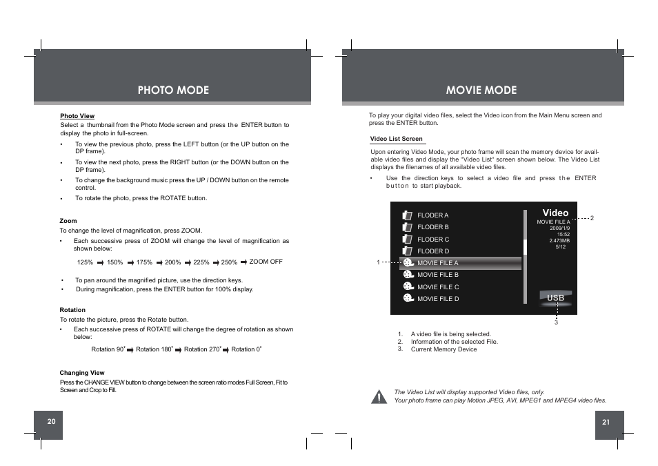 Photo mode, Movie mode, Video | COBY electronic DP854 AC User Manual | Page 11 / 25