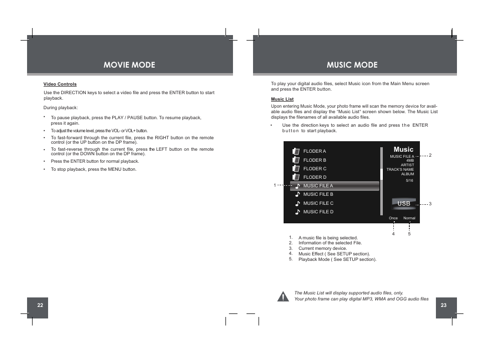 Music mode, Movie mode, Music | COBY electronic DP854 AC User Manual | Page 12 / 25