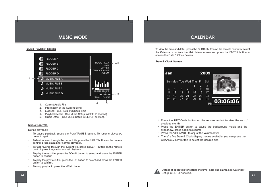 Calendar music mode, Change view clock menu rotate copy /del, Jan 2009 | COBY electronic DP854 AC User Manual | Page 13 / 25