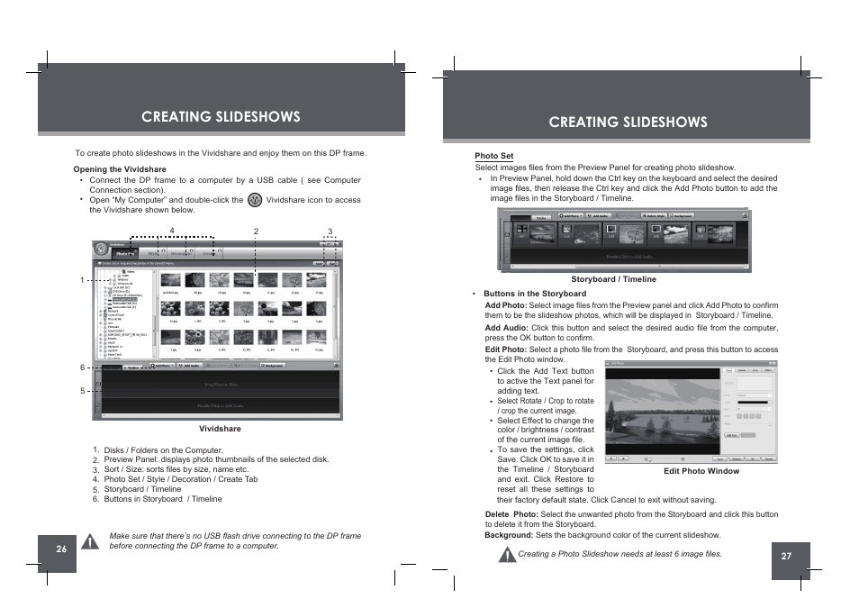 Creating slideshows, Change view clock menu rotate copy /del | COBY electronic DP854 AC User Manual | Page 14 / 25