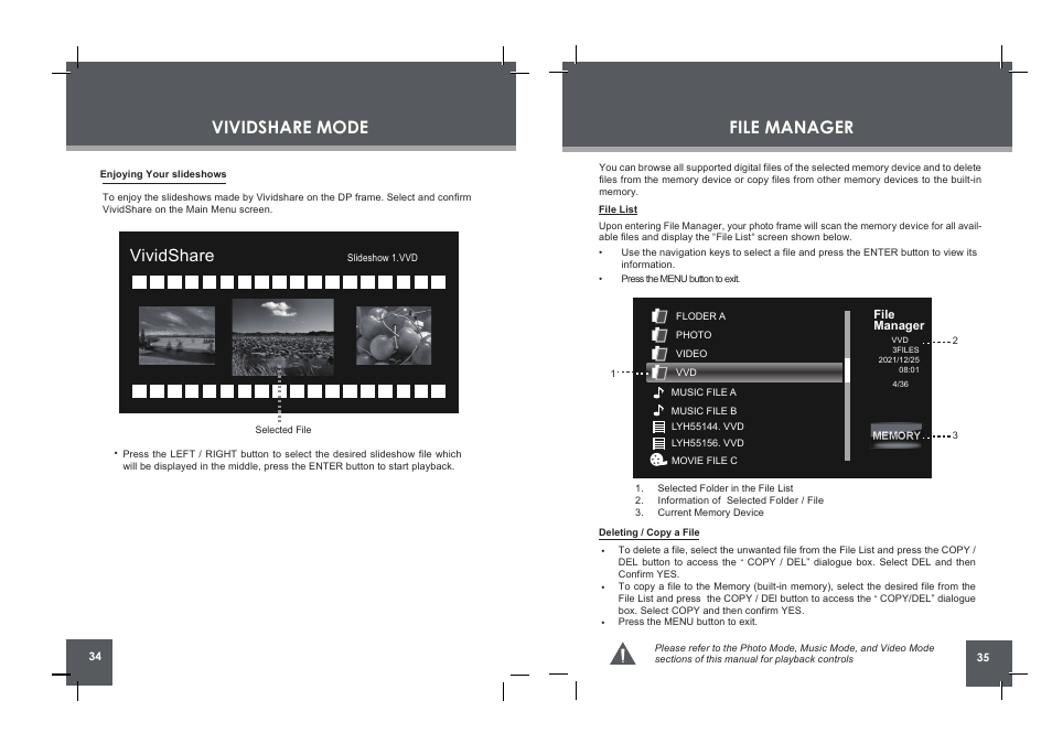 File manager, Vividshare mode, Vividshare | Change view clock menu rotate copy /del | COBY electronic DP854 AC User Manual | Page 18 / 25