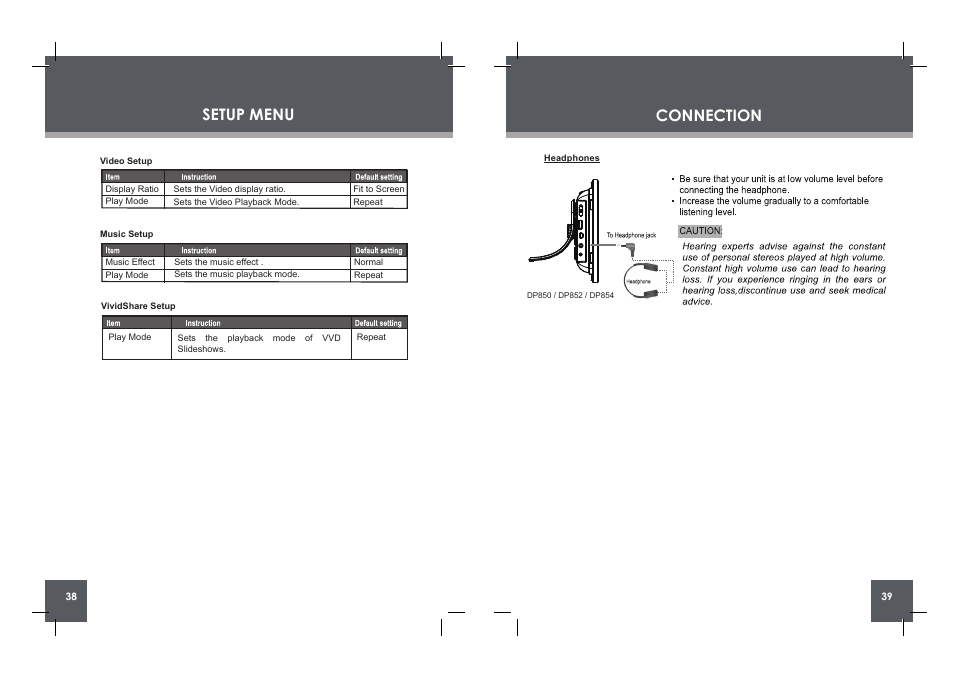 Setup menu, Connection | COBY electronic DP854 AC User Manual | Page 20 / 25