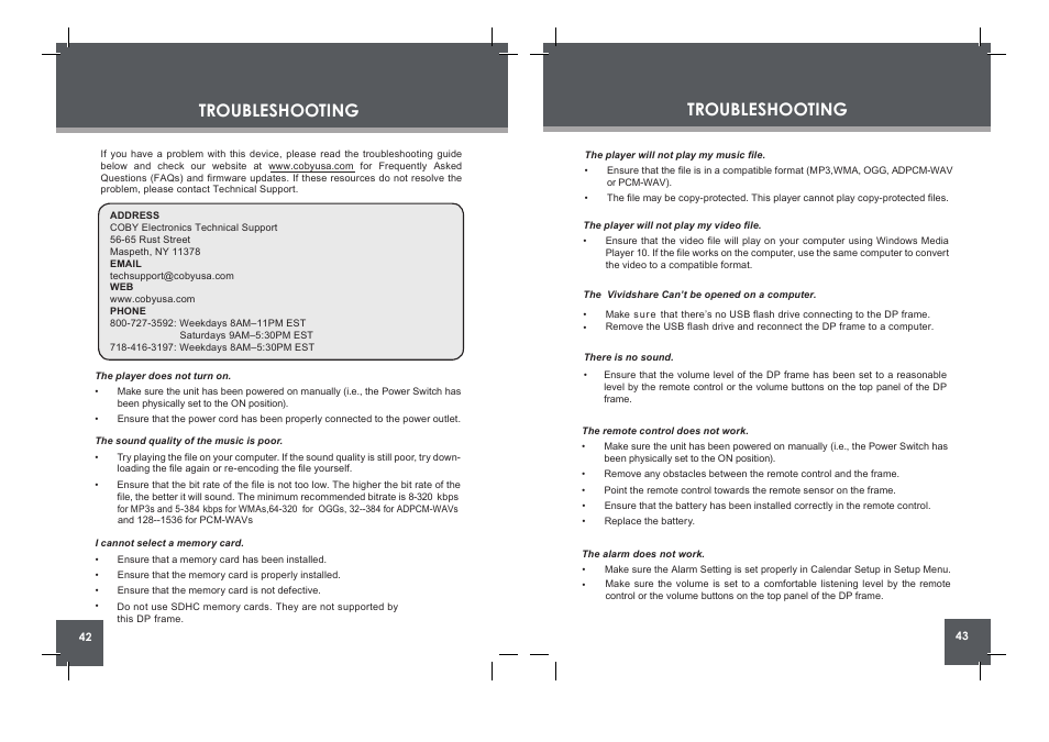 Troubleshooting | COBY electronic DP854 AC User Manual | Page 22 / 25