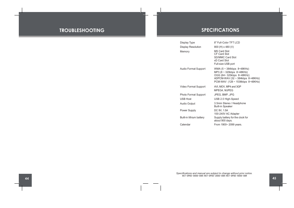 Troubleshooting, Specifications, Change view clock menu rotate copy /del | COBY electronic DP854 AC User Manual | Page 23 / 25