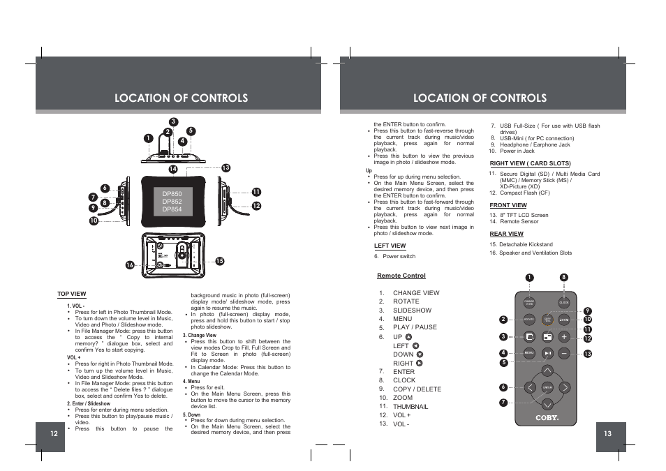 Location of controls | COBY electronic DP854 AC User Manual | Page 7 / 25