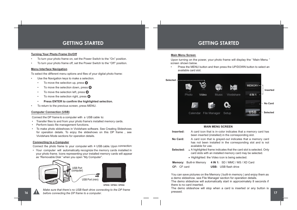 Getting started, Change view clock menu rotate copy /del | COBY electronic DP854 AC User Manual | Page 9 / 25