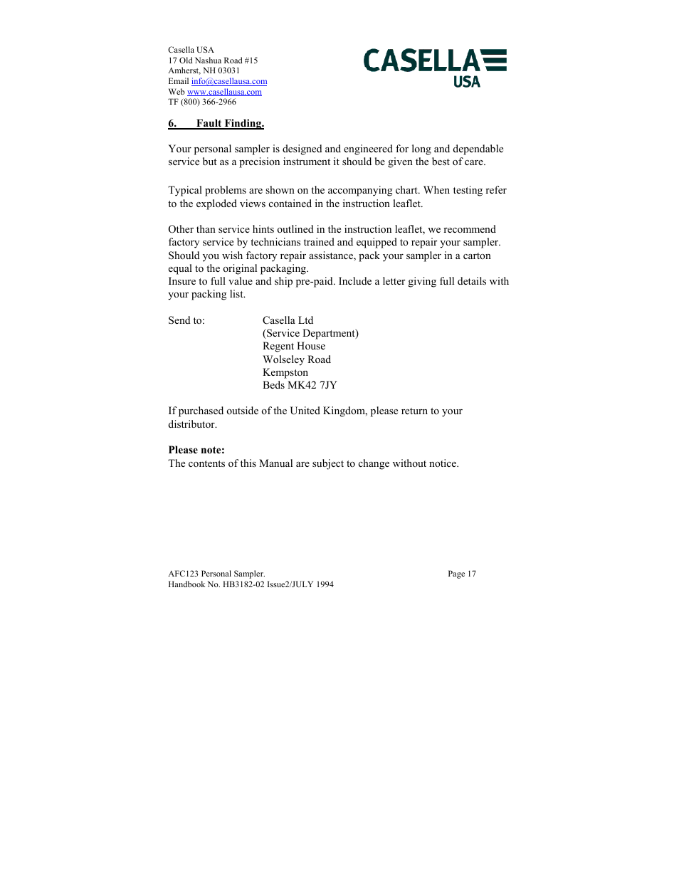 Fault finding | Casella CEL AFC123 User Manual | Page 17 / 24