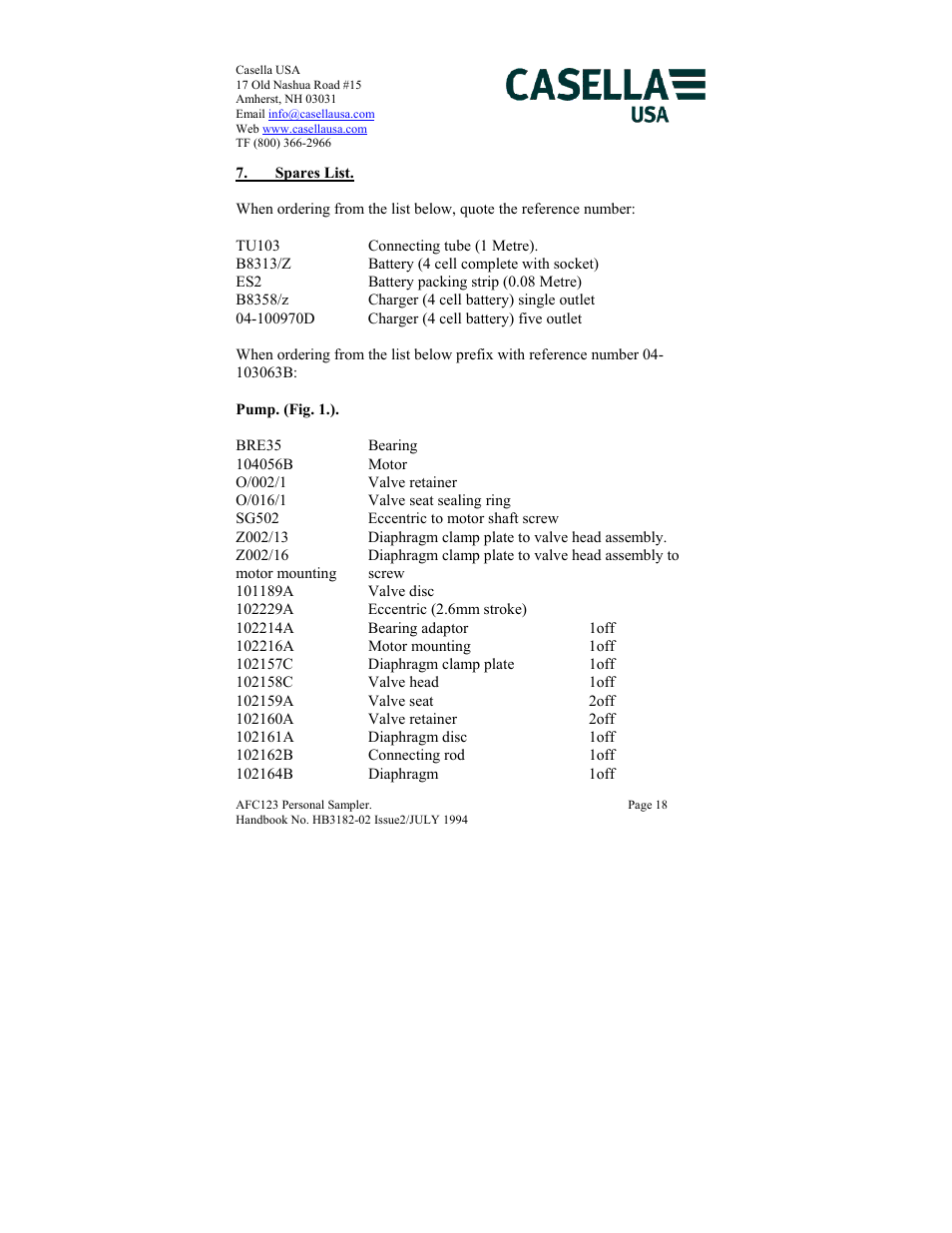 Spares list | Casella CEL AFC123 User Manual | Page 18 / 24