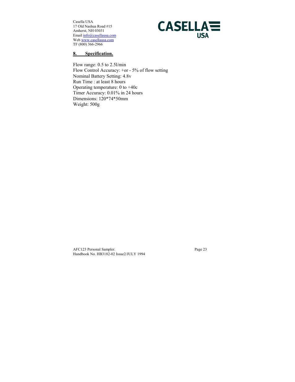 Specification | Casella CEL AFC123 User Manual | Page 23 / 24