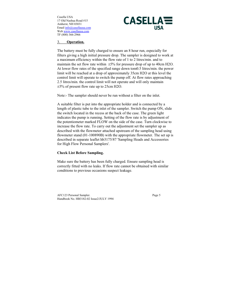 Operation | Casella CEL AFC123 User Manual | Page 5 / 24