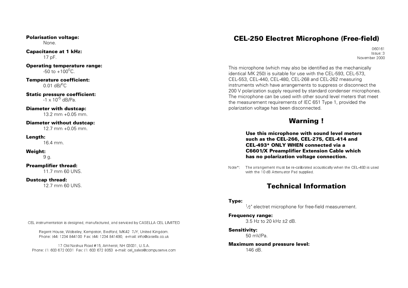 Cel-250 electret microphone (free-field), Warning, Technical information | Casella CEL CEL-250 User Manual | Page 2 / 2