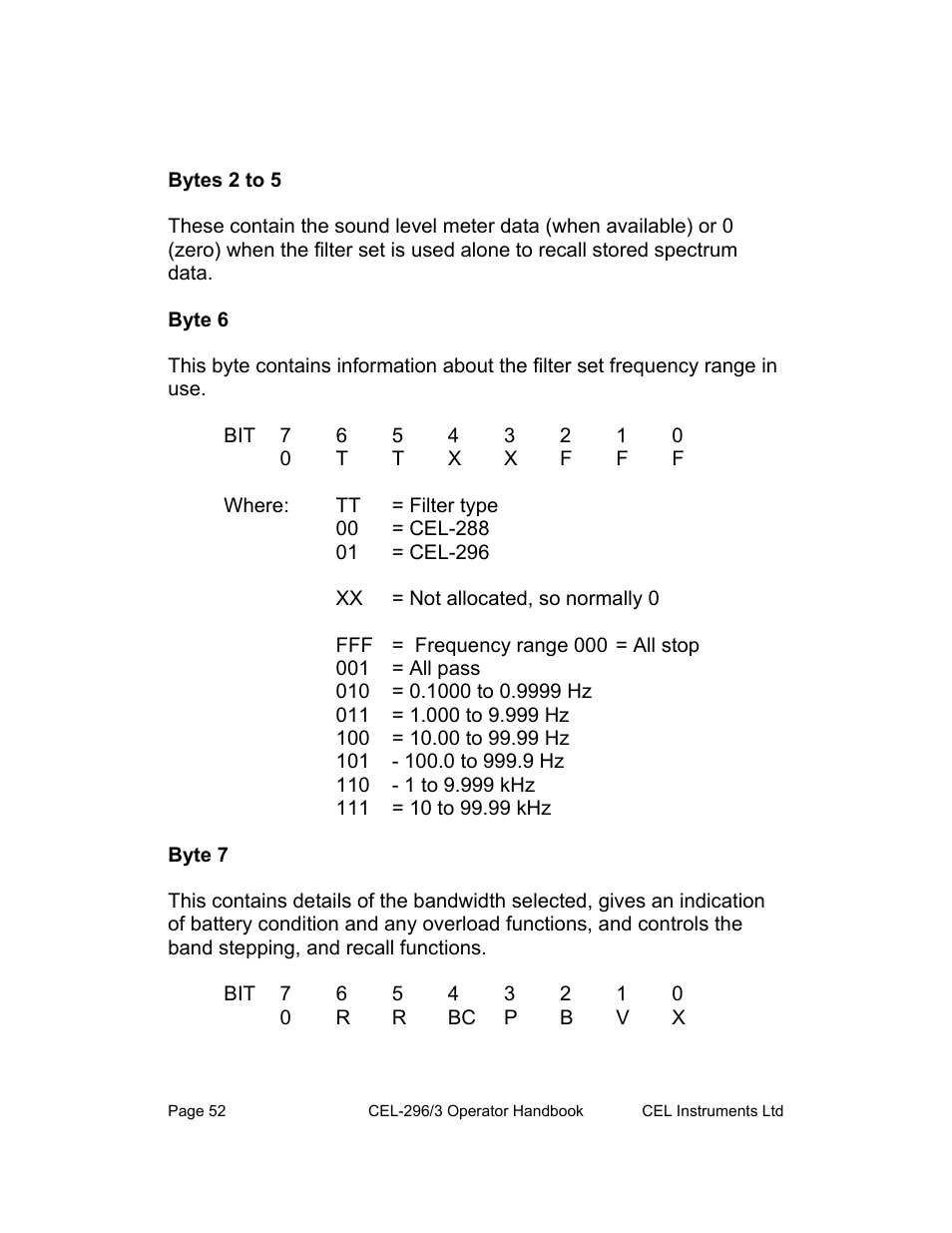 Bytes 2 to 5, Byte 6, Byte 7 | Casella CEL CEL-296 User Manual | Page 52 / 68