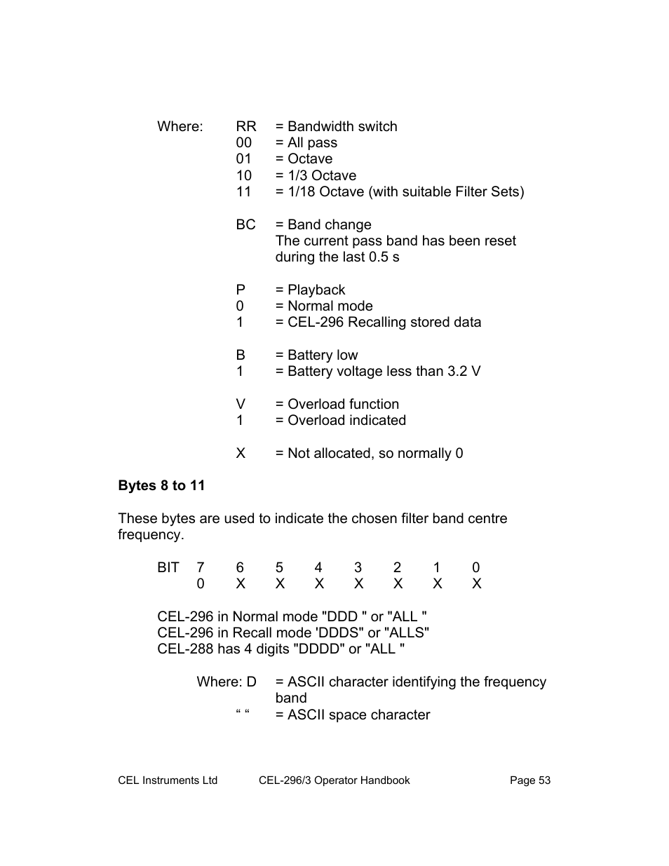 Bytes 8 to 11 | Casella CEL CEL-296 User Manual | Page 53 / 68