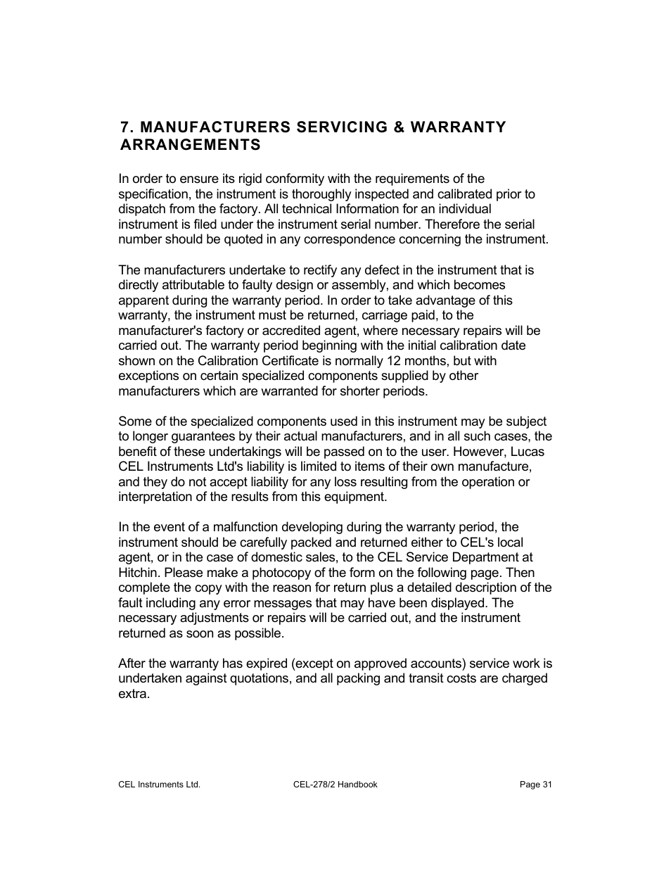 Manufacturers servicing & warranty arrangements | Casella CEL CEL-278 User Manual | Page 31 / 34