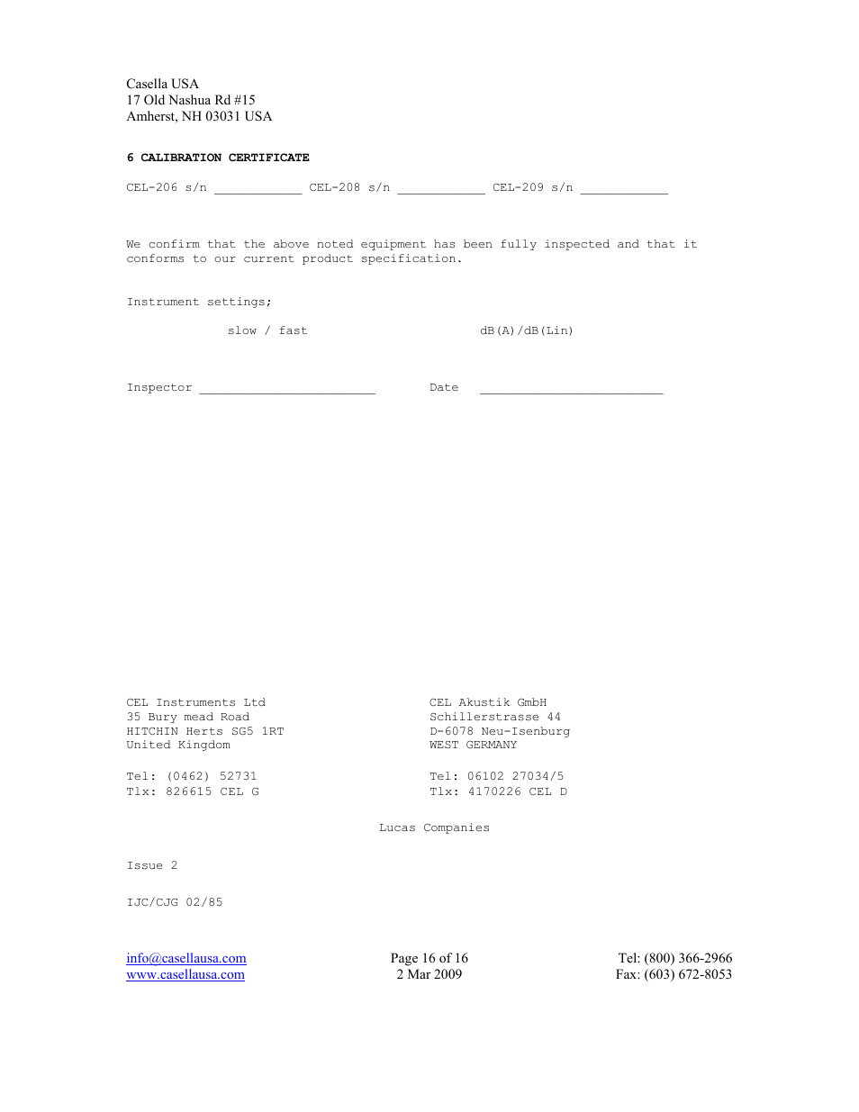 Casella CEL CEL-206 User Manual | Page 16 / 16