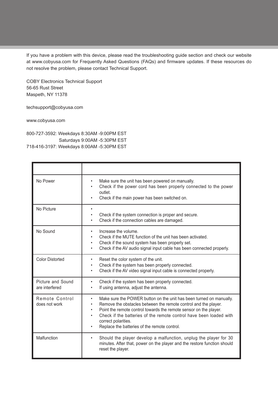 Troubleshooting | COBY electronic TFDVD1973 User Manual | Page 27 / 29