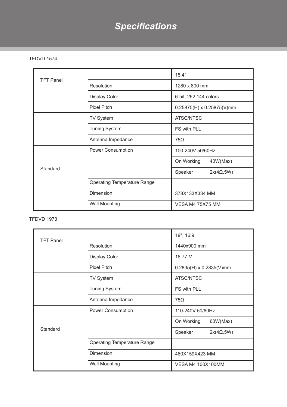 Specifications | COBY electronic TFDVD1973 User Manual | Page 28 / 29