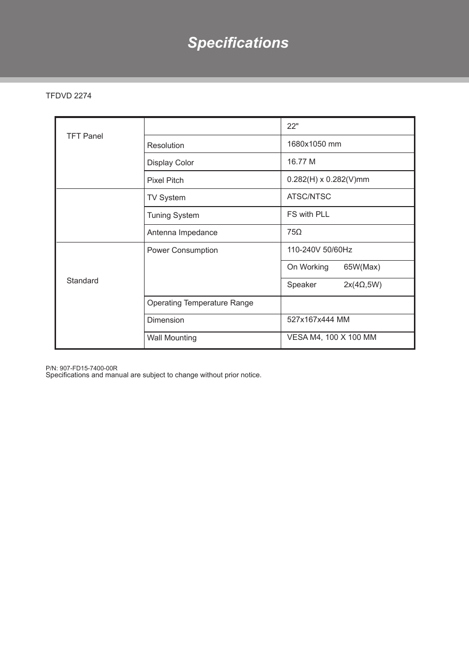 Specifications | COBY electronic TFDVD1973 User Manual | Page 29 / 29