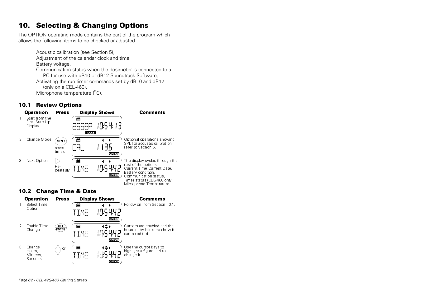 Selecting & changing options | Casella CEL CEL-424 User Manual | Page 10 / 16