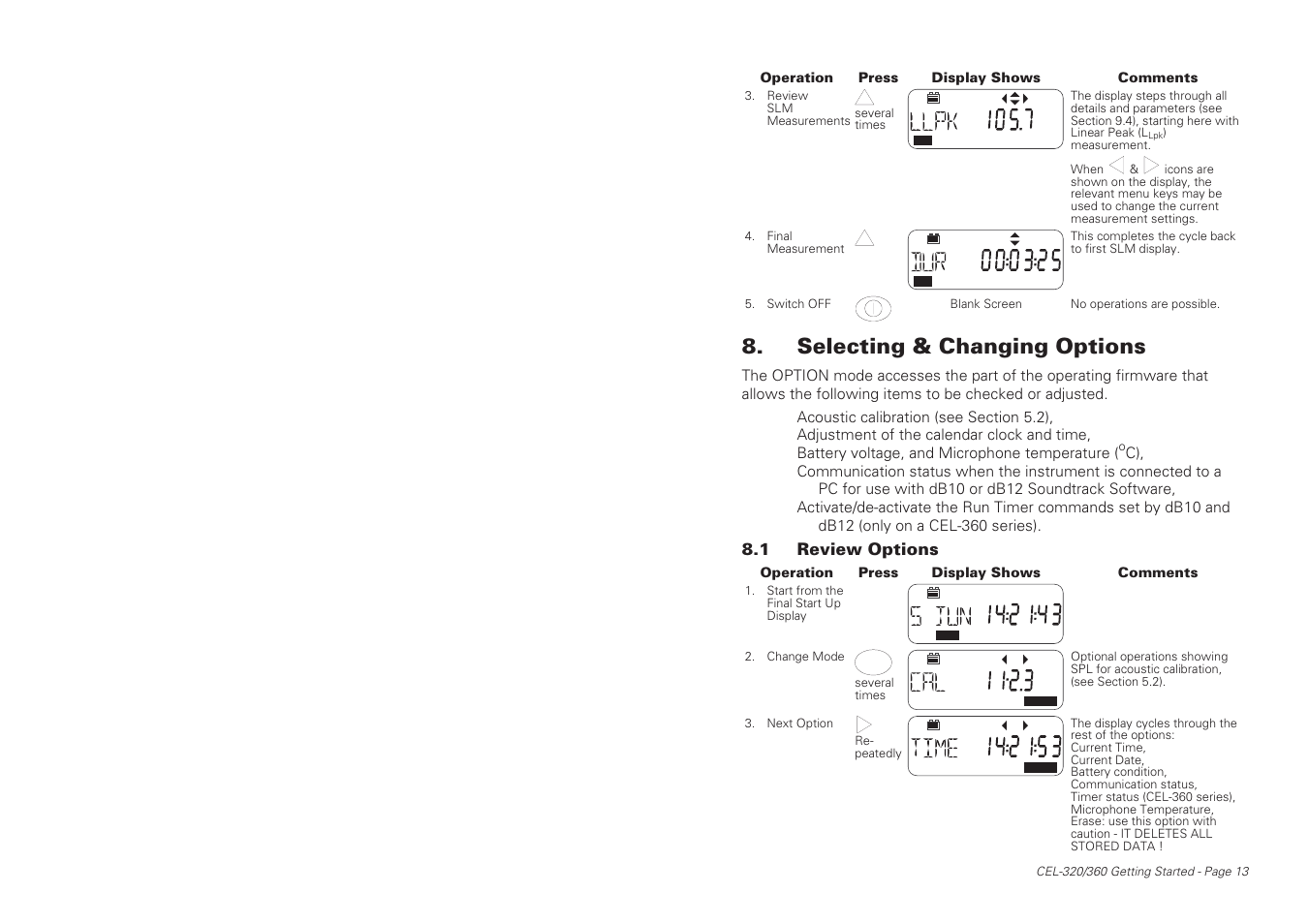 Selecting & changing options | Casella CEL CEL-360S User Manual | Page 13 / 24